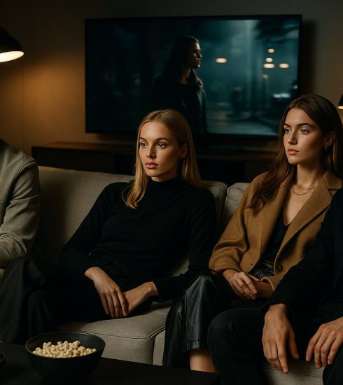 Foto de grupo elegante assistindo a streaming em sala de estar moderna com atmosfera cinematográfica