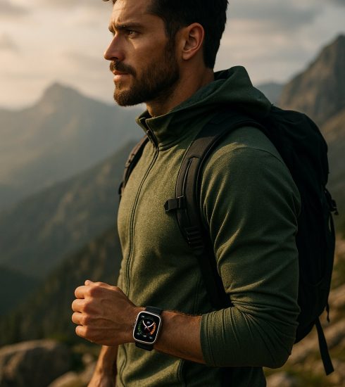 Imagem editorial cinematográfica de atleta usando um smartwatch robusto em uma paisagem de montanha